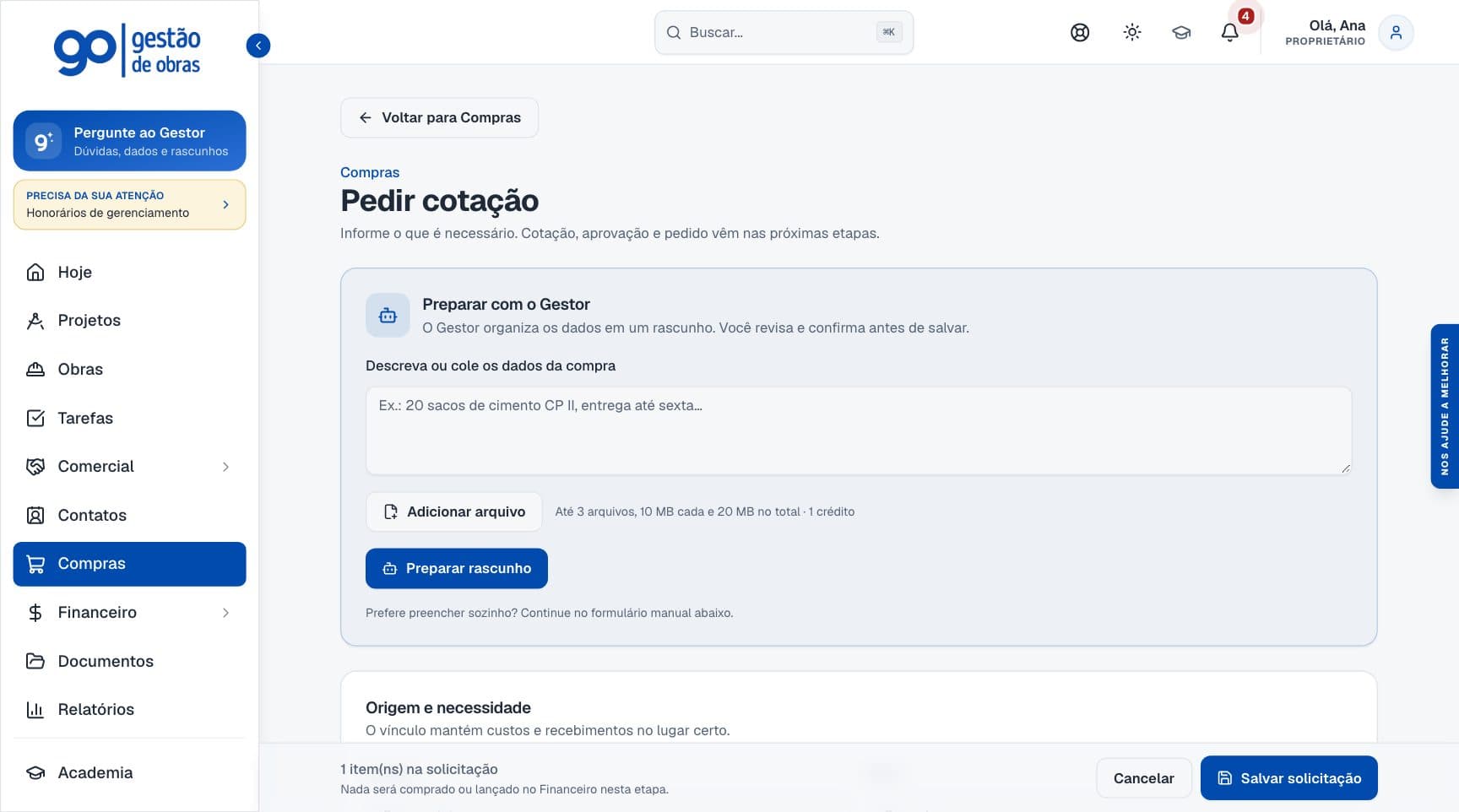 Tela Pedir cotação com o Gestor preparando a solicitação de compra