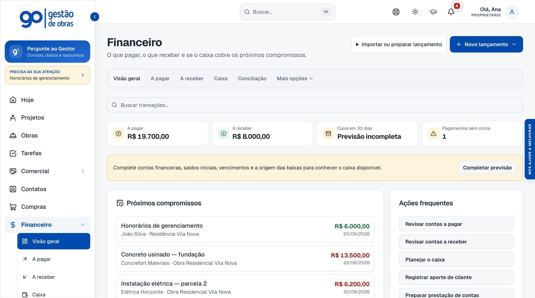 Tela do financeiro do GO com a pagar, a receber e próximos compromissos