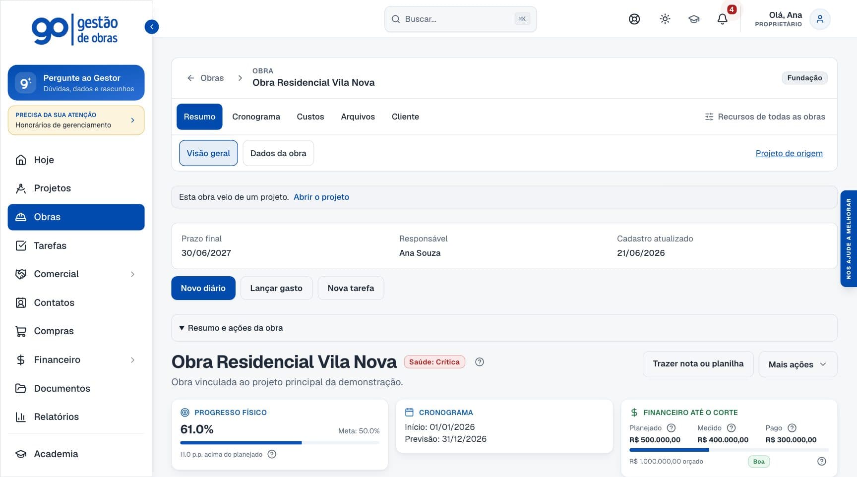 Tela da Obra Residencial Vila Nova: resumo, cronograma, custos, arquivos e cliente, com progresso físico e financeiro da obra