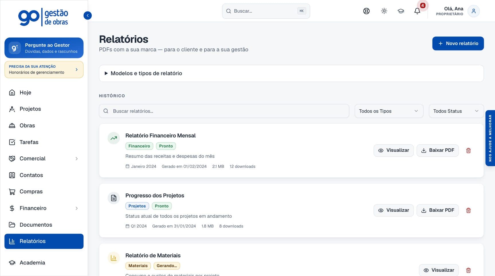 Galeria de relatórios do GO com contas a pagar e prestação de contas