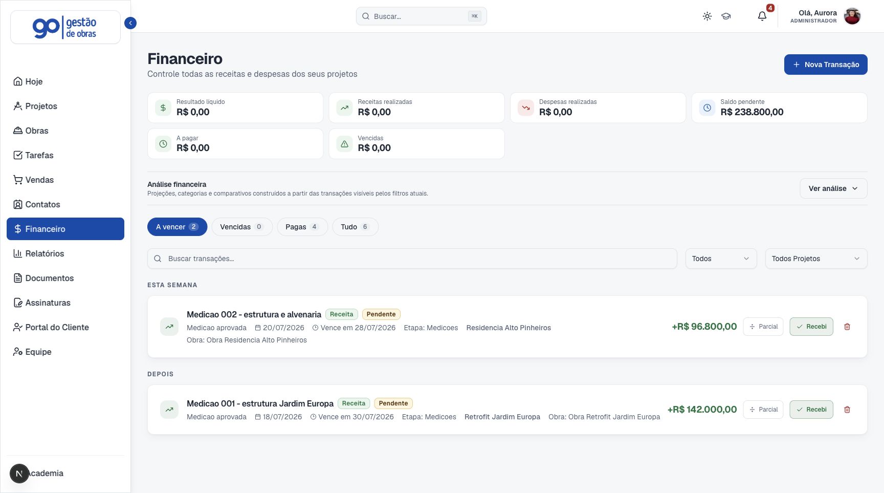 Tela de controle financeiro do sistema GO